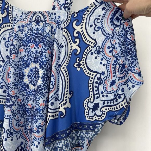 One World Boho Top Blue Mixed Pattern One Cold Shoulder Stretch Whimsy Size XL - Picture 3 of 9